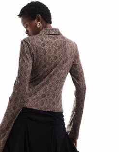 Monki Long Sleeve Jersey Ruched Shirt In Brown Snake Print For Women -Monki Shop 207128256 4