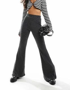 Monki Two-tone Rib Jersey Flare Leg Trousers In Black For Women -Monki Shop 207128274 1 black 1