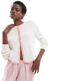 Monki Button Front Cardigan In Off White With Pink Contrast Trim For Women -Monki Shop 207128292 1 offwhite 1