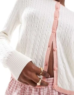 Monki Button Front Cardigan In Off White With Pink Contrast Trim For Women -Monki Shop 207128292 3
