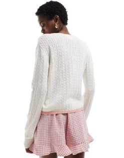 Monki Button Front Cardigan In Off White With Pink Contrast Trim For Women -Monki Shop 207128292 4