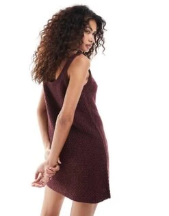 Monki Chunky Textured Knitted Mini Dress In Burgundy For Women -Monki Shop 207128301 4