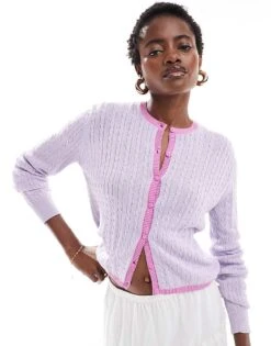 Monki Button Front Cardigan In Lilac With Pink Contrast Trim For Women