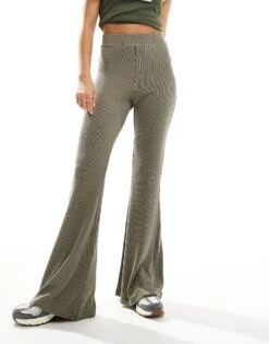 Monki Two-tone Rib Jersey Flare Leg Trousers In Khaki Green For Women -Monki Shop 207128360 1 khakigreen 1