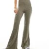 Monki Two-tone Rib Jersey Flare Leg Trousers In Khaki Green For Women