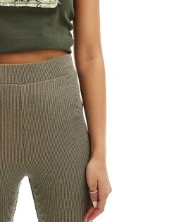 Monki Two-tone Rib Jersey Flare Leg Trousers In Khaki Green For Women -Monki Shop 207128360 3