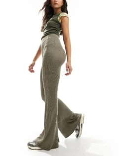 Monki Two-tone Rib Jersey Flare Leg Trousers In Khaki Green For Women -Monki Shop 207128360 5