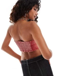 Monki Denim Raw Edge Heart Shape Corset Bandeau Top In Red For Women -Monki Shop 207129902 4
