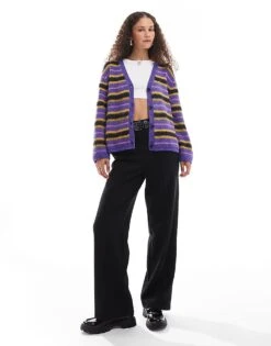 Monki Fluffy Yarn Knitted Cardigan With V Neck In Purple And Black Stripe For Women Multi Stripe -Monki Shop 207130129 3