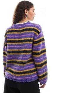 Monki Fluffy Yarn Knitted Cardigan With V Neck In Purple And Black Stripe For Women Multi Stripe -Monki Shop 207130129 4