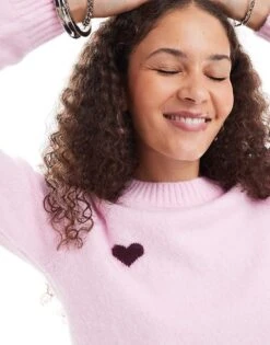 Monki Knitted Raglan Sleeve Sweater In Pink With Burgundy Contrast Jacquard Heart And Stripe For Women -Monki Shop 207130138 3