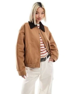 Monki Barn Jacket In Light Brown With Contrast Cord Collar For Women