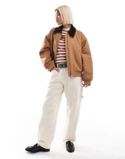 Monki Barn Jacket In Light Brown With Contrast Cord Collar For Women -Monki Shop 207130147 3