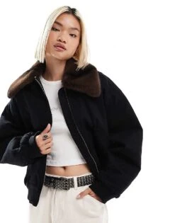 Monki Zip Front Jacket In Black With Contrast Faux Fur Collar For Women