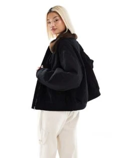 Monki Zip Front Jacket In Black With Contrast Faux Fur Collar For Women -Monki Shop 207130156 3