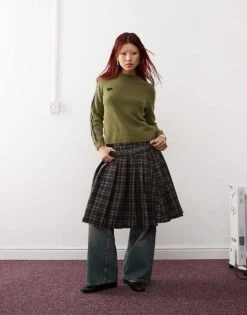 Monki Knitted Raglan Sleeve Sweater In Khaki With Contrast Jacquard Heart And Stripe For Women -Monki Shop 207130165 1 khaki 1