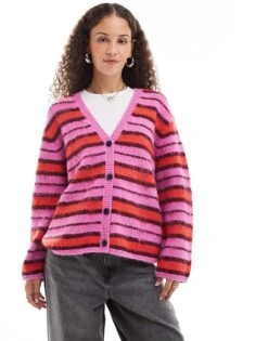 Monki Fluffy Yarn Knitted Cardigan With V Neck In Pink And Red Stripe For Women Multi Stripe