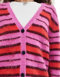 Monki Fluffy Yarn Knitted Cardigan With V Neck In Pink And Red Stripe For Women Multi Stripe -Monki Shop 207130174 3