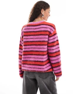 Monki Fluffy Yarn Knitted Cardigan With V Neck In Pink And Red Stripe For Women Multi Stripe -Monki Shop 207130174 4