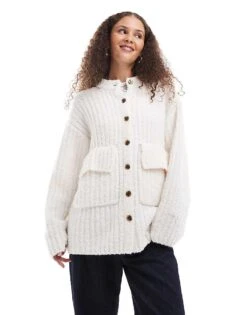 Monki Chunky Knit Rib High Neck Cardigan With Button Front And Front Flap Pockets In Off White For Women -Monki Shop 207130183 1 offwhite 1