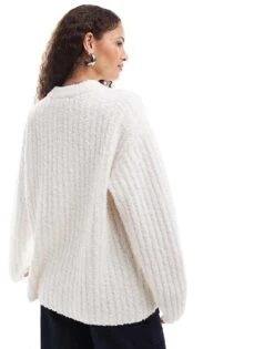 Monki Chunky Knit Rib High Neck Cardigan With Button Front And Front Flap Pockets In Off White For Women -Monki Shop 207130183 3