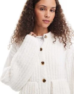 Monki Chunky Knit Rib High Neck Cardigan With Button Front And Front Flap Pockets In Off White For Women -Monki Shop 207130183 4