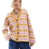 Monki Fluffy Yarn Knitted Cardigan With V Neck In Pink And Beige Stripe For Women Multi Stripe