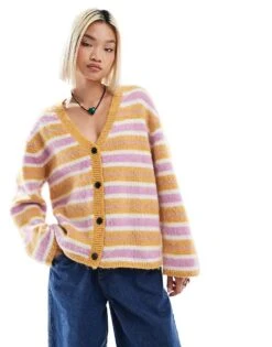 Monki Fluffy Yarn Knitted Cardigan With V Neck In Pink And Beige Stripe For Women Multi Stripe