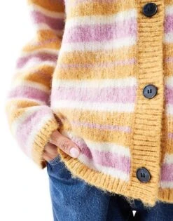Monki Fluffy Yarn Knitted Cardigan With V Neck In Pink And Beige Stripe For Women Multi Stripe -Monki Shop 207130192 3