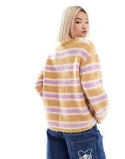 Monki Fluffy Yarn Knitted Cardigan With V Neck In Pink And Beige Stripe For Women Multi Stripe -Monki Shop 207130192 4