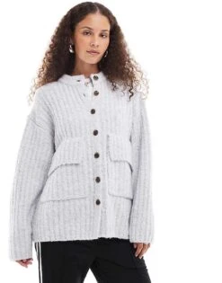 Monki Chunky Knit Rib High Neck Cardigan With Button Front And Front Flap Pockets In Grey Melange For Women -Monki Shop 207130201 1 greymelange 1