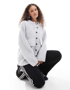 Monki Chunky Knit Rib High Neck Cardigan With Button Front And Front Flap Pockets In Grey Melange For Women -Monki Shop 207130201 4
