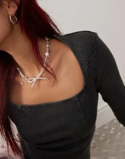 Monki Square Neck Panelled Top With Long Sleeves In Washed Black For Women -Monki Shop 207130315 3