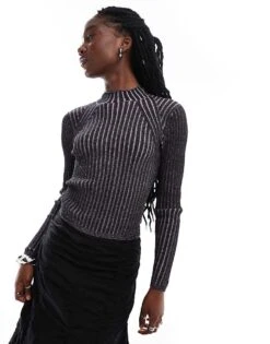 Monki Long Sleeve Knitted Two Tone Top In Black And Pink For Women