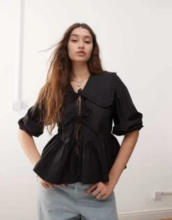 Monki Long Sleeve Frill Collared Peplum Blouse In Black For Women