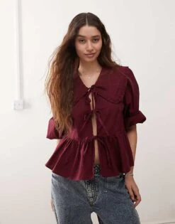 Monki Long Sleeve Frill Collared Peplum Blouse In Burgundy For Women 11 Monki Long Sleeve Frill Collared Peplum Blouse In Burgundy For Women -Monki Shop 207146021 1 burgundy 1