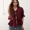 Monki Long Sleeve Frill Collared Peplum Blouse In Burgundy For Women -Monki Shop 207146021 1 burgundy