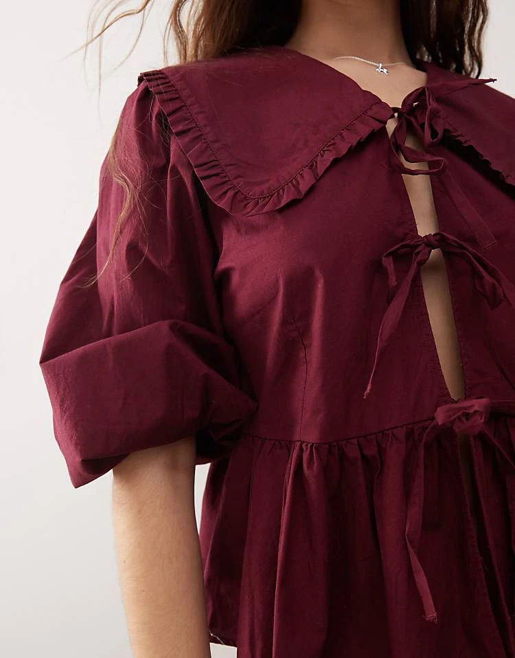 Monki Long Sleeve Frill Collared Peplum Blouse In Burgundy For Women 4 Monki Long Sleeve Frill Collared Peplum Blouse In Burgundy For Women - Image 2