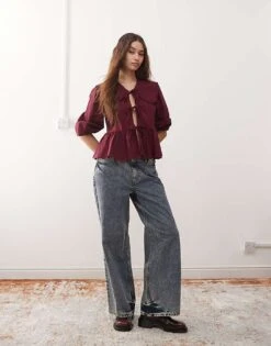 Monki Long Sleeve Frill Collared Peplum Blouse In Burgundy For Women 9 Monki Long Sleeve Frill Collared Peplum Blouse In Burgundy For Women -Monki Shop 207146021 3