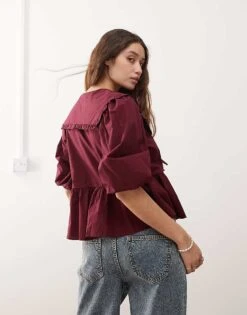 Monki Long Sleeve Frill Collared Peplum Blouse In Burgundy For Women 10 Monki Long Sleeve Frill Collared Peplum Blouse In Burgundy For Women -Monki Shop 207146021 4