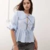 Monki Long Sleeve Frill Collared Peplum Blouse In Light Blue For Women
