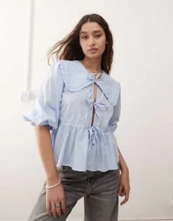 Monki Long Sleeve Frill Collared Peplum Blouse In Light Blue For Women