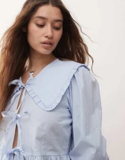 Monki Long Sleeve Frill Collared Peplum Blouse In Light Blue For Women -Monki Shop 207146037 3