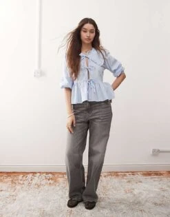 Monki Long Sleeve Frill Collared Peplum Blouse In Light Blue For Women -Monki Shop 207146037 4