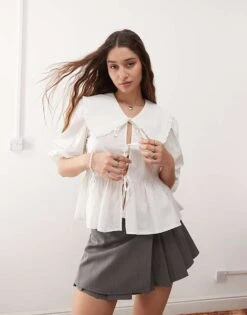 Monki Long Sleeve Frill Collared Peplum Blouse In White For Women -Monki Shop 207146045 1 white 1