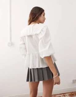 Monki Long Sleeve Frill Collared Peplum Blouse In White For Women -Monki Shop 207146045 2