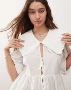 Monki Long Sleeve Frill Collared Peplum Blouse In White For Women -Monki Shop 207146045 4