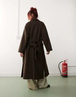 Monki Belted Double Breasted Coat In Brown Melange For Women -Monki Shop 207317730 4