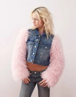 Monki Denim Jacket In Mid Wash Blue With Pink Faux Fur Sleeves For Women Multi -Monki Shop 207317759 3