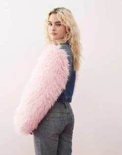 Monki Denim Jacket In Mid Wash Blue With Pink Faux Fur Sleeves For Women Multi -Monki Shop 207317759 4